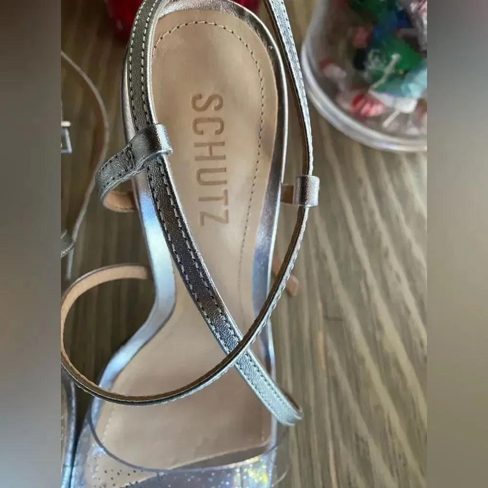 Schutz Aisha Cristal Prata Silver Clear Glitter Strappy Heel Sandals Sexy Sz 7.5